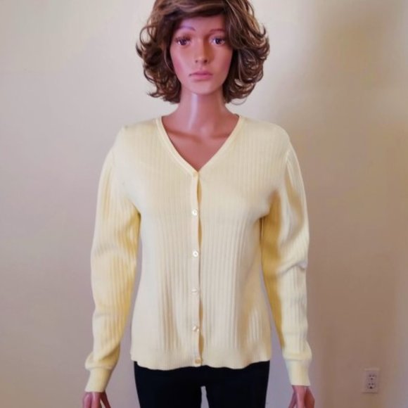 Madison Studio Sweaters - MADISON STUDIO SOFT YELLOW PUFF SLEEVE FEMININE BUTTON UP SWEATER SIZE M